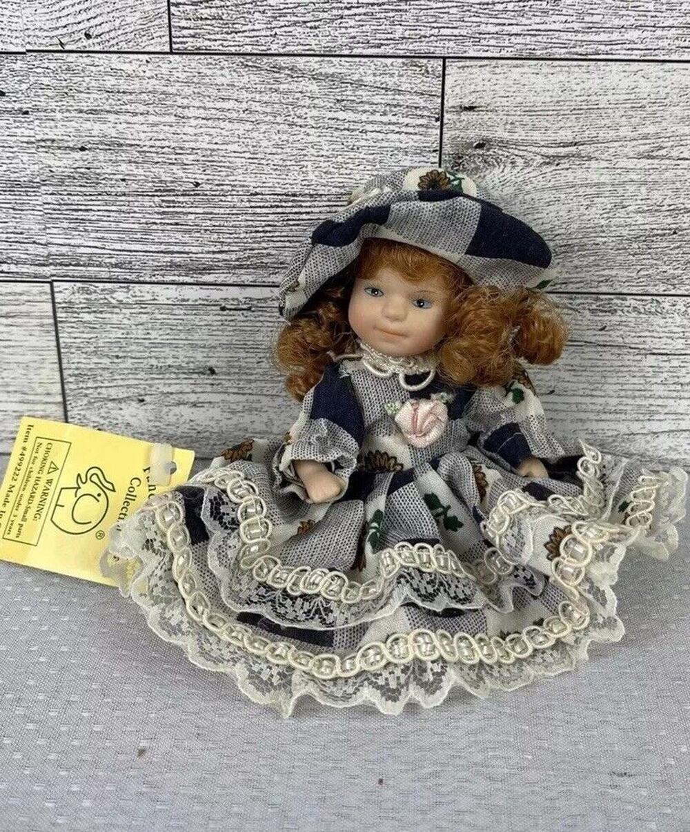 Vintage GANZ FANCY FRIENDS BISQUE MINI 3.5” JOINTED DOLL, DRESS, BONNET TAG CUTE